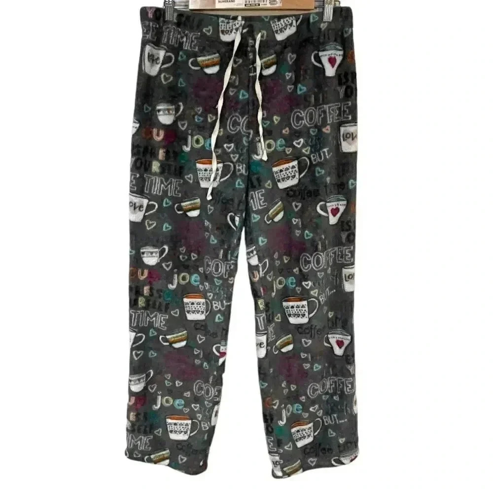 Coffee themed Women’s fuzzy sleep pants size L EUC super soft!!